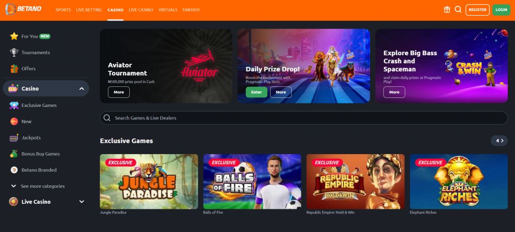 Betano: screenshot of the casino site
