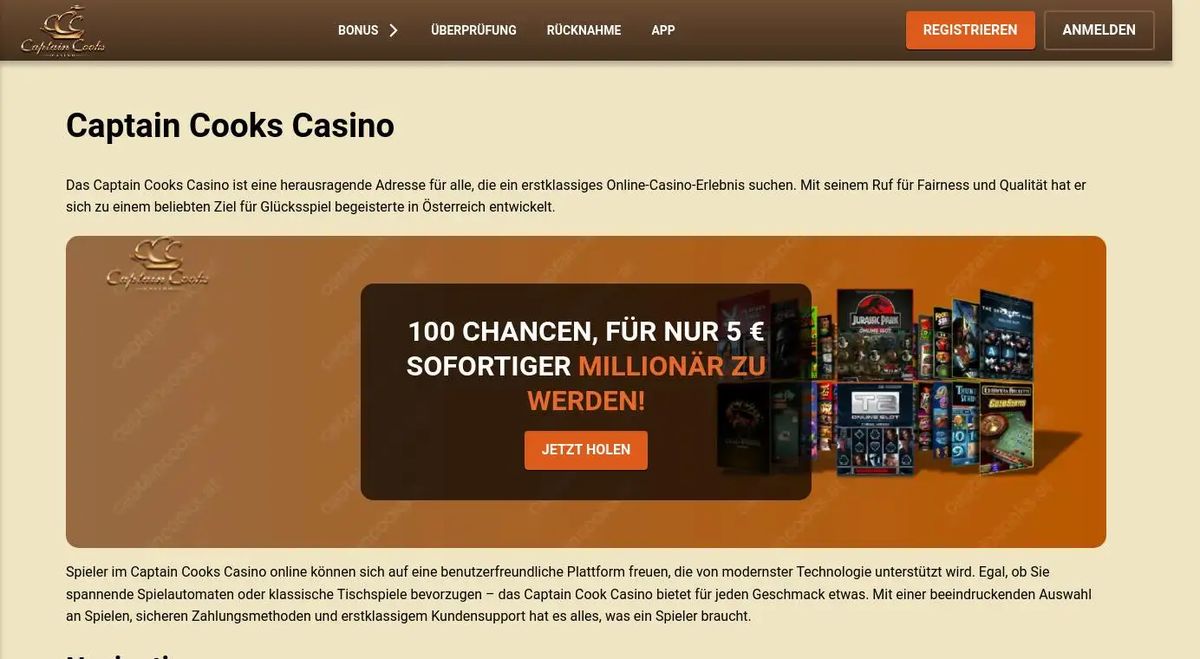 Captain Cooks Casino: screenshot of the casino site