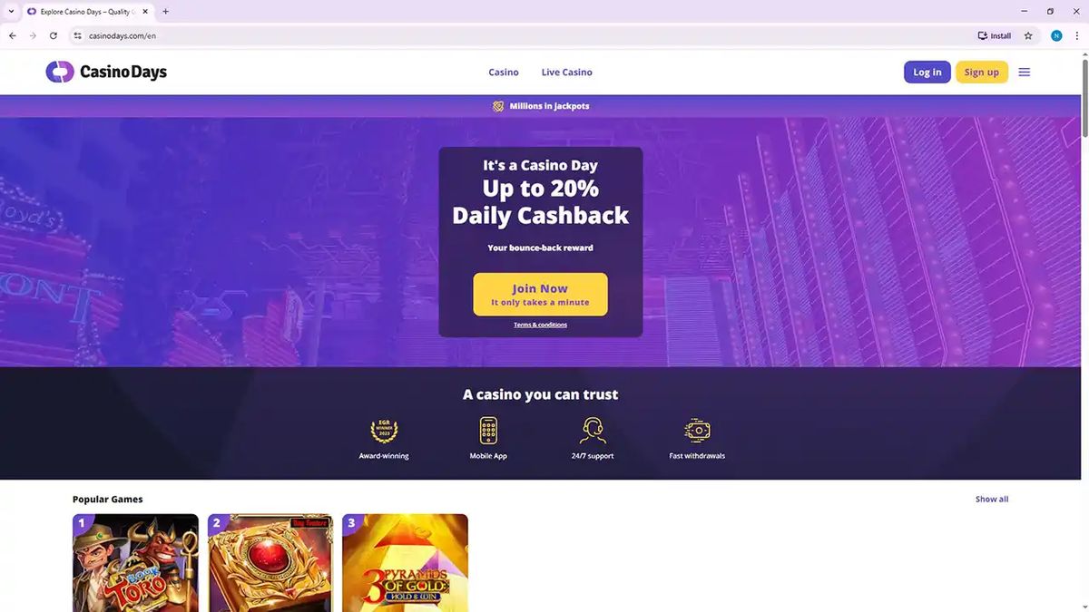 Casino Days: screenshot of the casino site