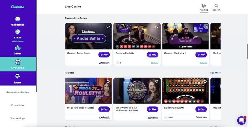Casumo: screenshot of the casino site