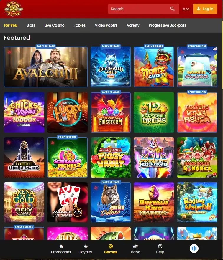 Golden Tiger Casino: screenshot of the casino site