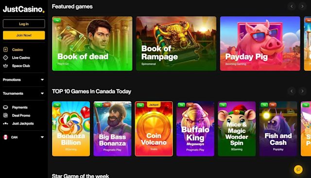 JustCasino: screenshot of the casino site