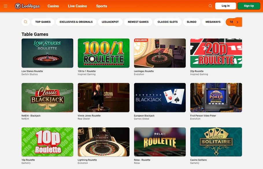 LeoVegas: screenshot of the casino site