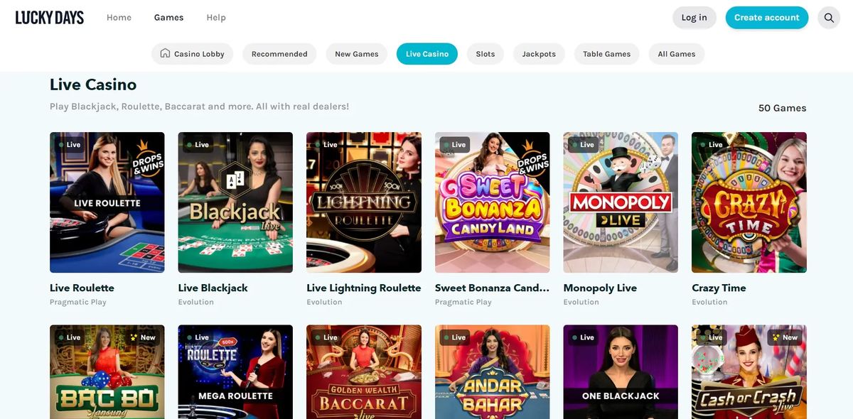 LuckyDays Casino: screenshot of the casino site