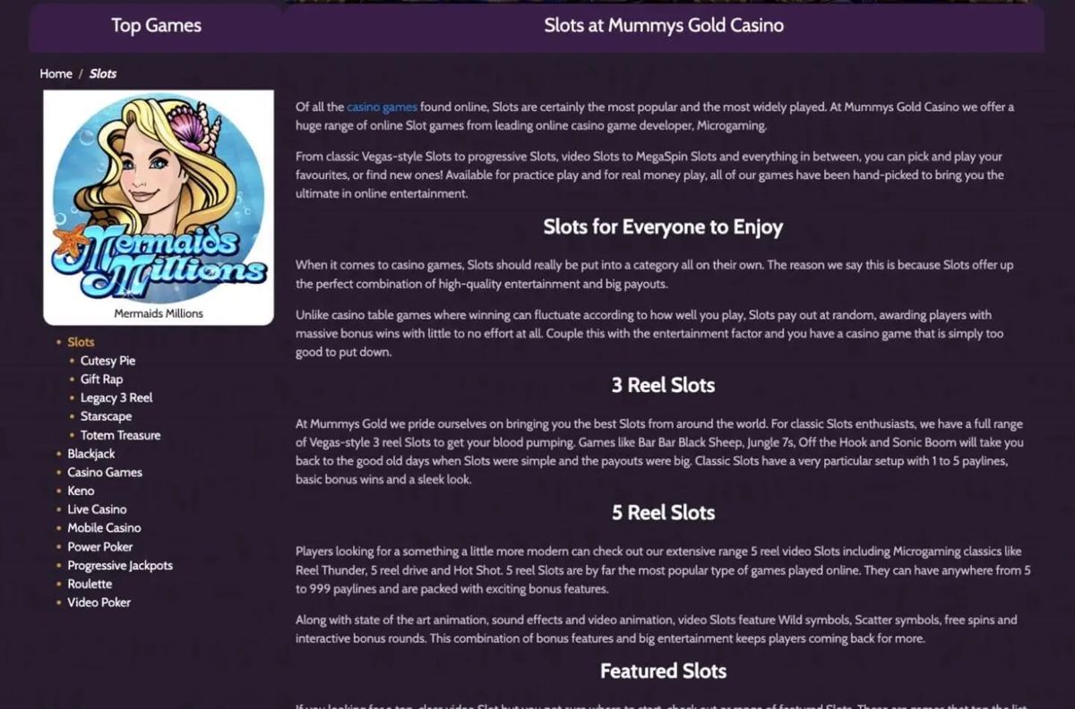 Mummys Gold Casino: screenshot of the casino site