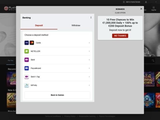 Platinum Play Casino: screenshot of the casino site