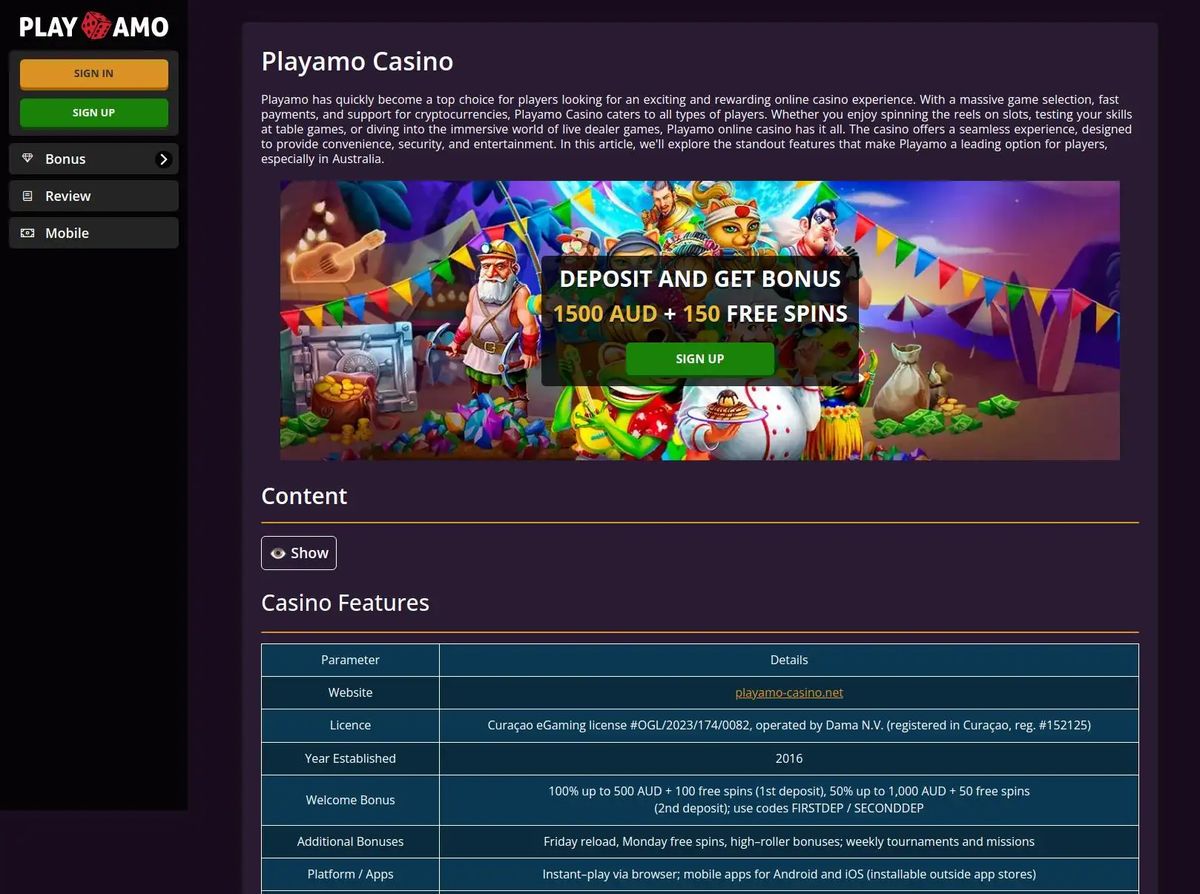 Playamo Casino: screenshot of the casino site