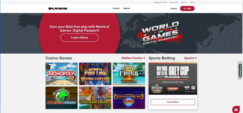 PlayNow: screenshot of the casino site