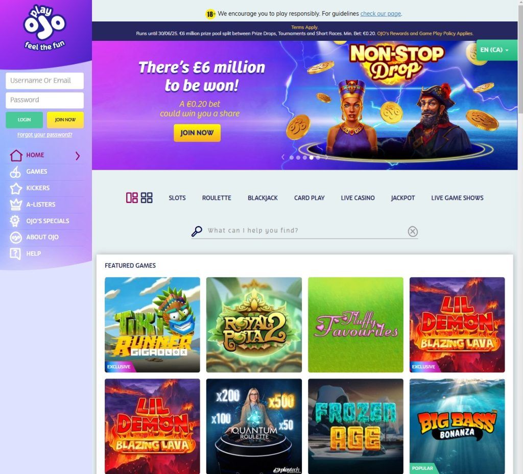 PlayOJO: screenshot of the casino site