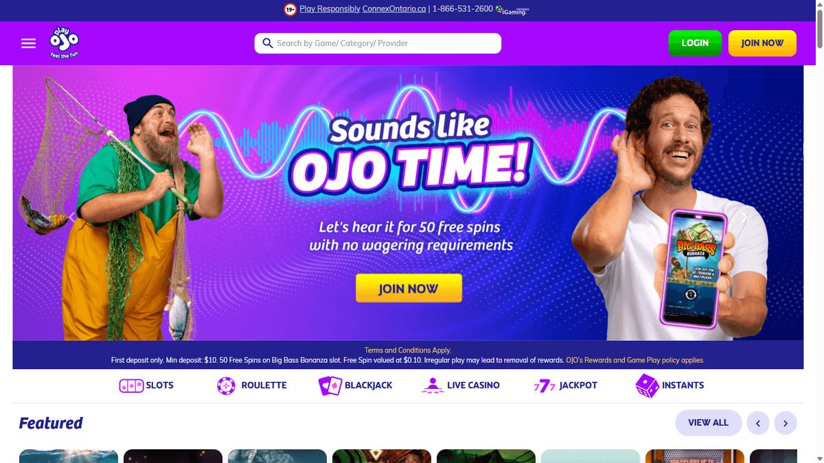 PlayOJO: screenshot of the casino site
