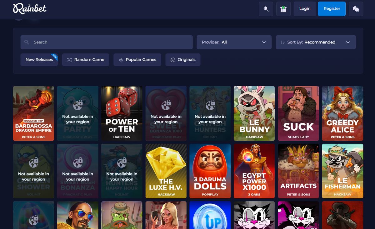 Rainbet: screenshot of the casino site