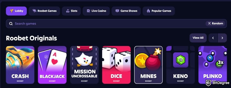 Roobet: screenshot of the casino site