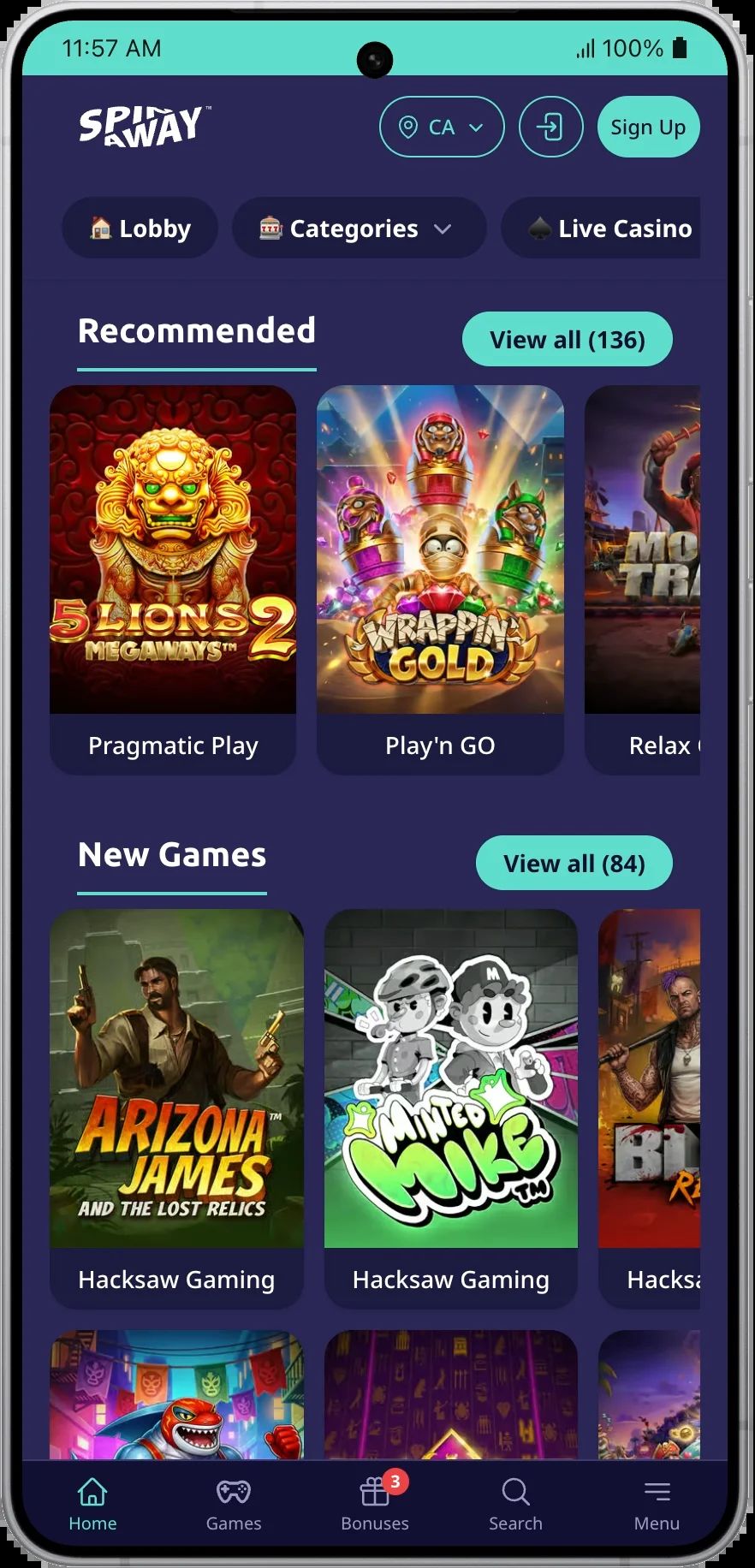 Spinaway Casino: screenshot of the casino site