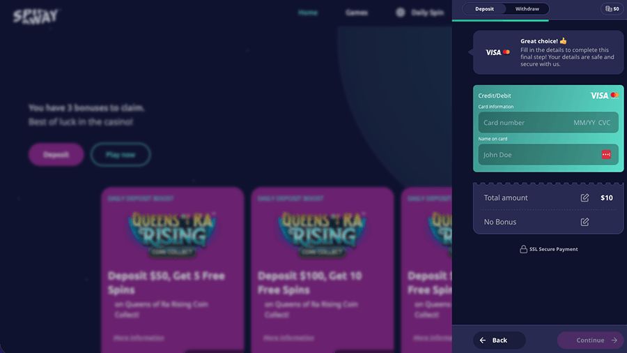 Spinaway Casino: screenshot of the casino site