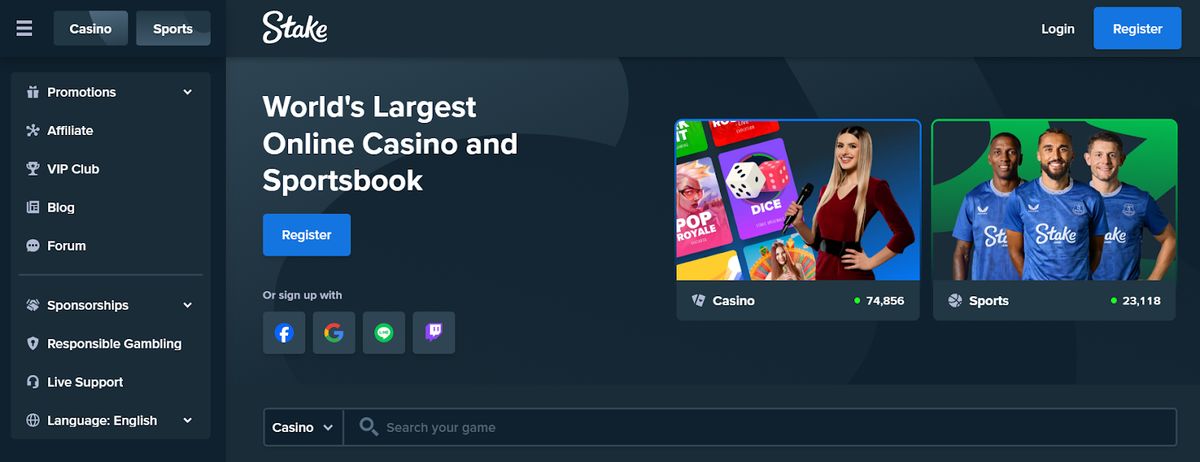 Stake: screenshot of the casino site