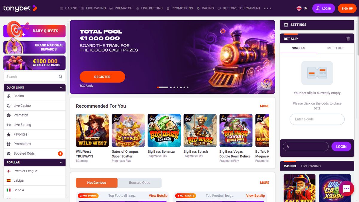 TonyBet: screenshot of the casino site