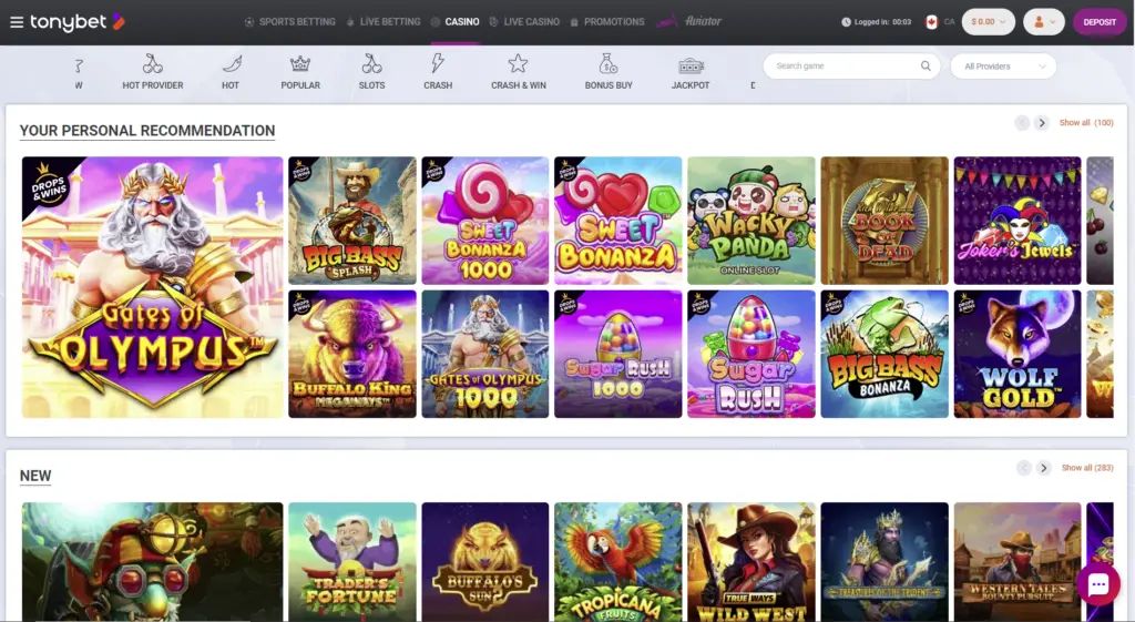 TonyBet: screenshot of the casino site