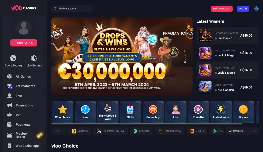 Woo Casino: screenshot of the casino site
