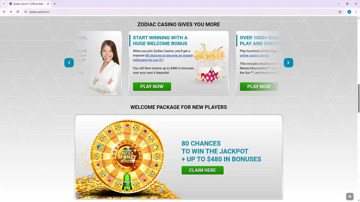Zodiac Casino lobby, a pick for no deposit bonus casinos in canada