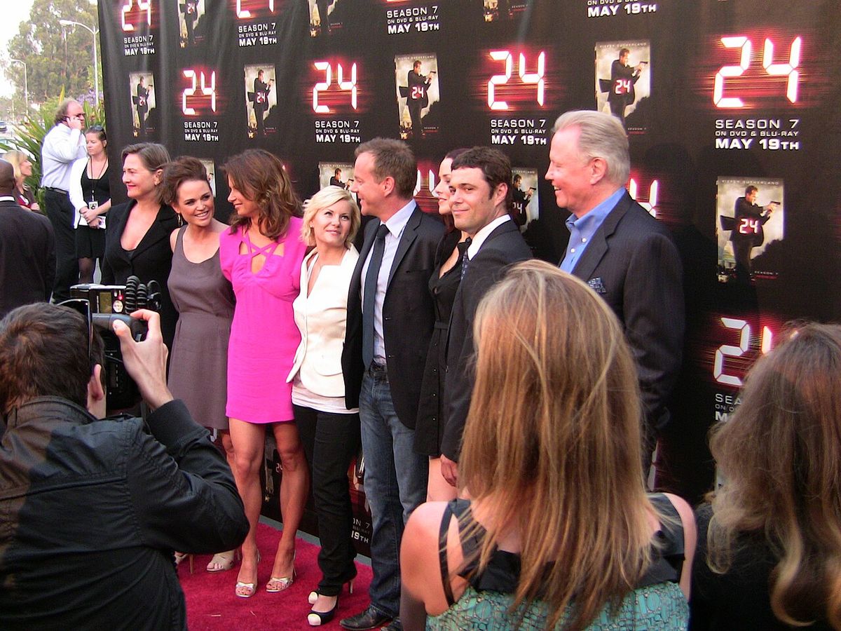 The cast of TV series 24 at series' season 7 finale screening at Wadsworth Theatre, Los Angeles, California. From left: Cherry Jones, Spragu