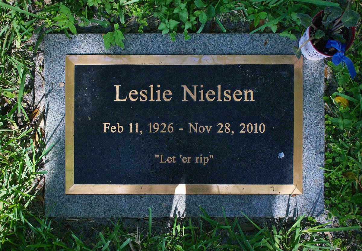 View of Leslie Nielsen's headstone in Evergreen Cemetery, Fort Lauderdale, FL