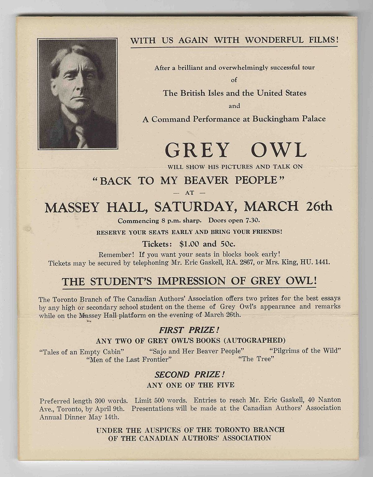 Poster of Grey Owl's talk "Back to my beaver people", Massey Hall, 26 March [1938]