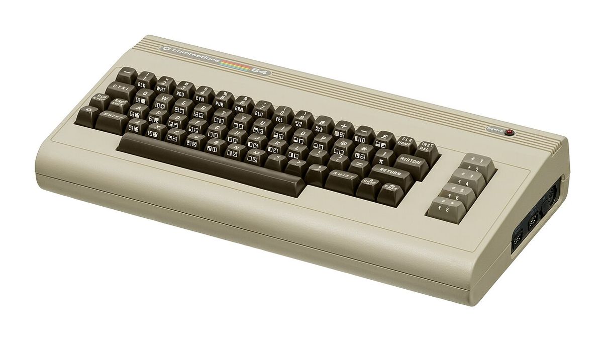 A Commodore 64, an 8-bit home computer introduced in 1982 by Commodore International. Its low retail price and easy availability led to the 