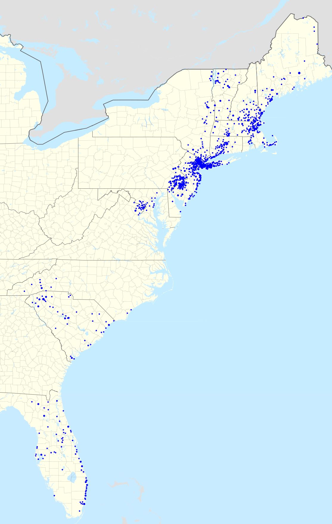Footprint of TD Bank. Zip codes with more than one branch have progressively larger points.