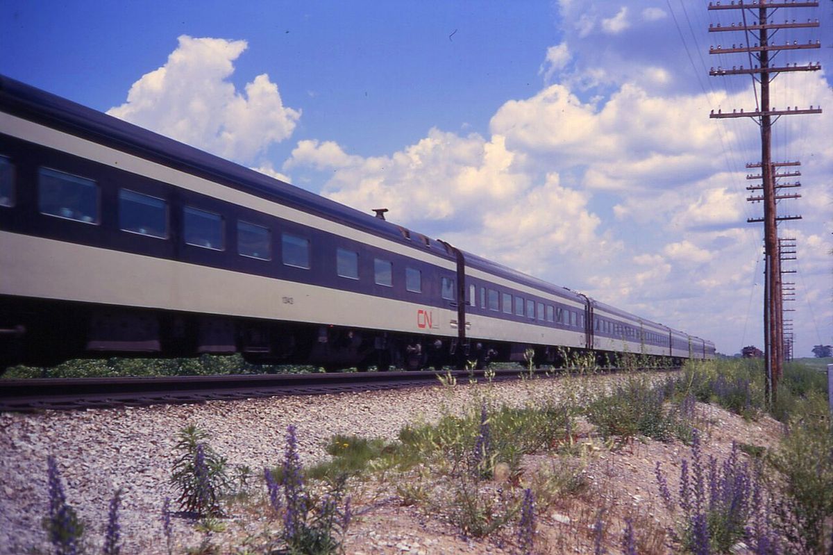 A Canadian National Railway Rapido service near Pickering, Ontario, in 1968.