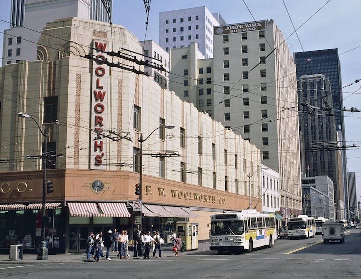 The Downtown Seattle Woolworth's store, located at 3rd Avenue and Pike Street, in 1986. The store opened on September 26, 1940 and remained