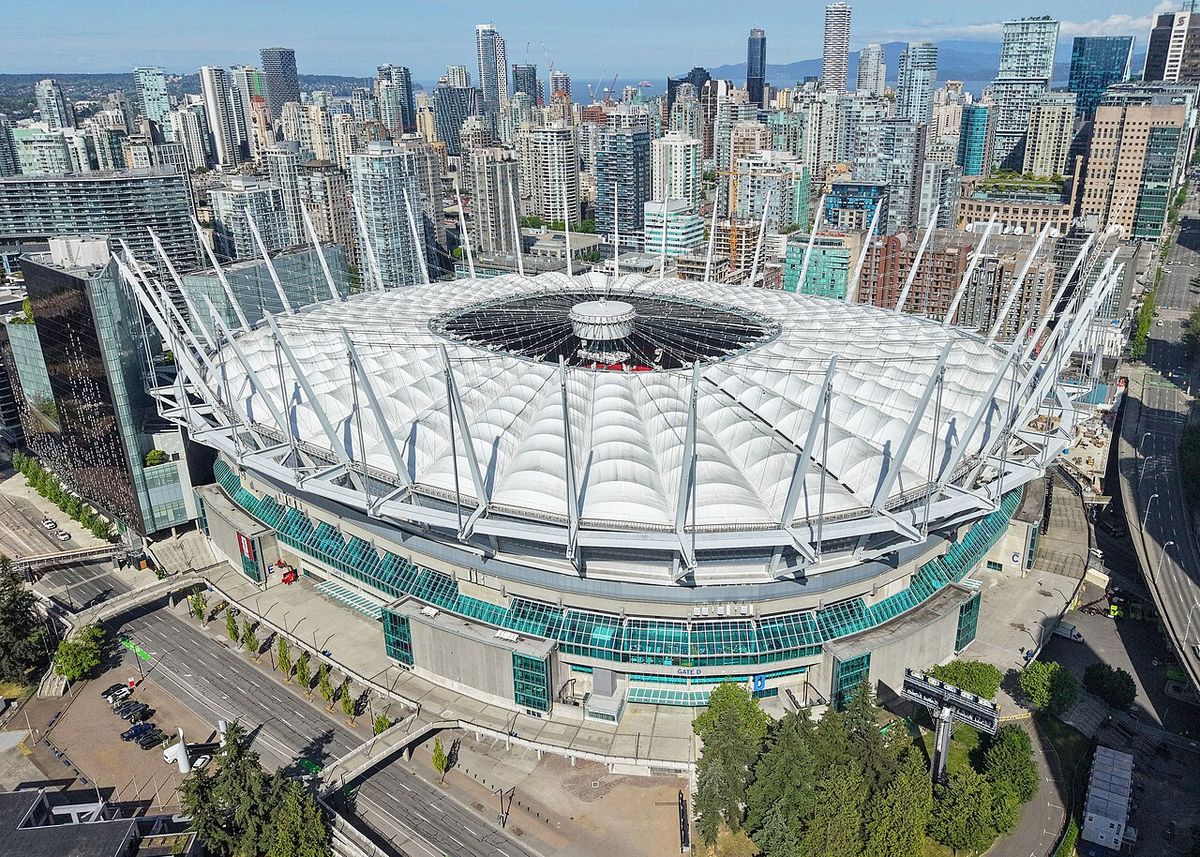 Aerial view of BC Place in Vancouver, British Columbia. Opened in 1983, the 54,500-seat stadium is home to the BC Lions (CFL) and Vancouver