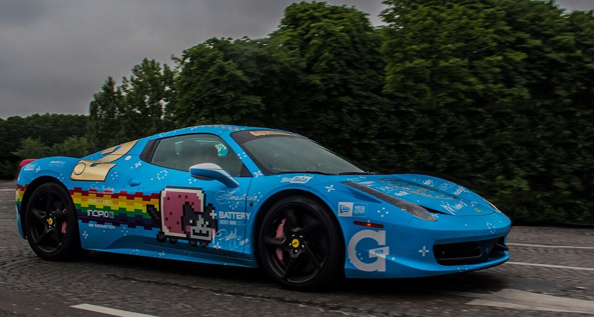 Ferrari 458 Spider in the 2014 Gumball, entered by "Team Purrari", winner of the "Spirit Award".[1] Driven by Joel Zimmerman (Deadmau5) and 
