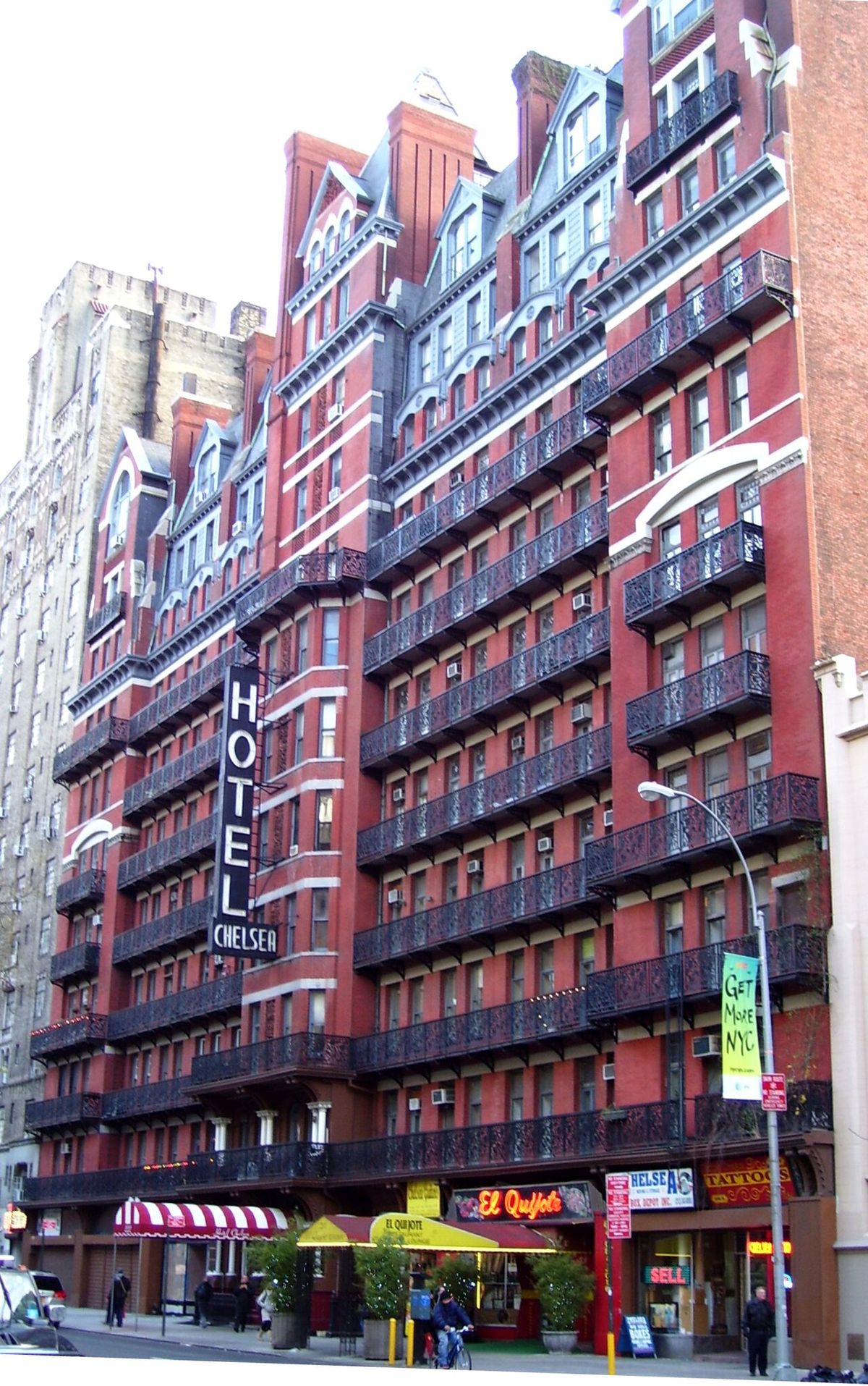 Hotel Chelsea on 23rd Street between Seventh and Eighth Avenue inthe Chelsea neighborhood of Manhattan, New York City.